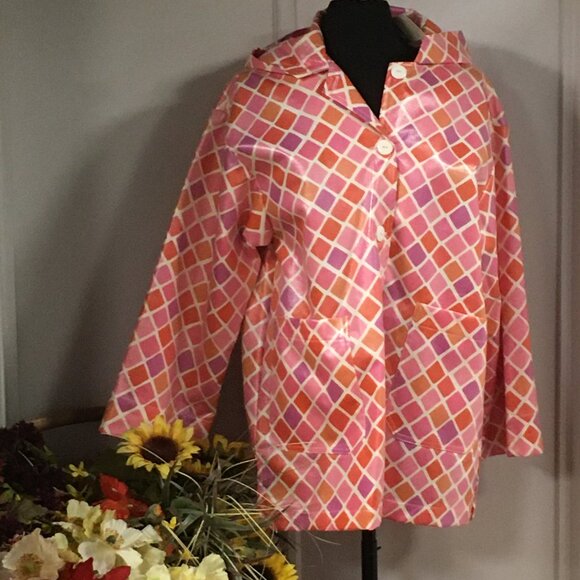 Pink Geometric Waterproof Button Up Raincoat with Hood - Picture 6 of 8